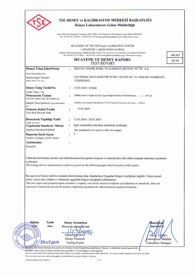 PEX PIPE TSE HYGIENE TEST REPORT