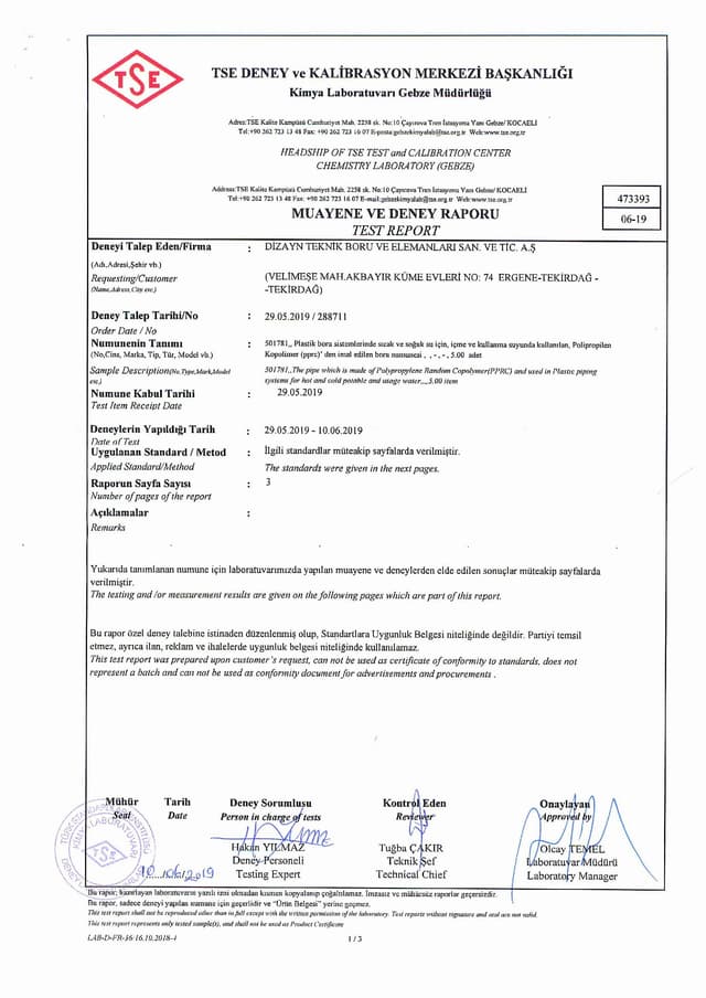 PPR PIPE AND FITTINGS TSE HYGIENE TEST REPORT