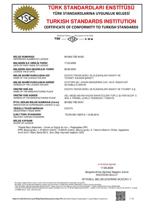 TS EN ISO 15874-2 PPR PIPE TSE CERTIFICATE (Turkish)