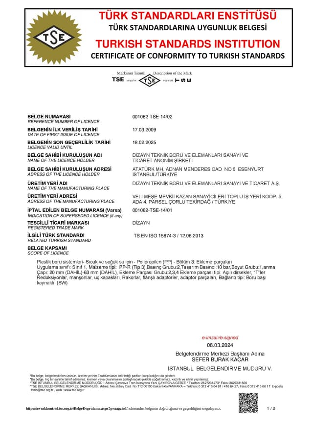 TS EN ISO 15874-3 PPR FIT. 
TSE CERTIFICATE (turkish)