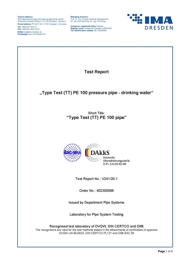 IMA Test Report V241-20-1 HDPE100 PIPE