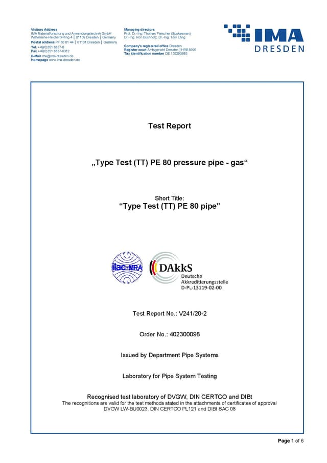 IMA Test Report V241-20-2 PE80 DIGITAL GAS PIPE