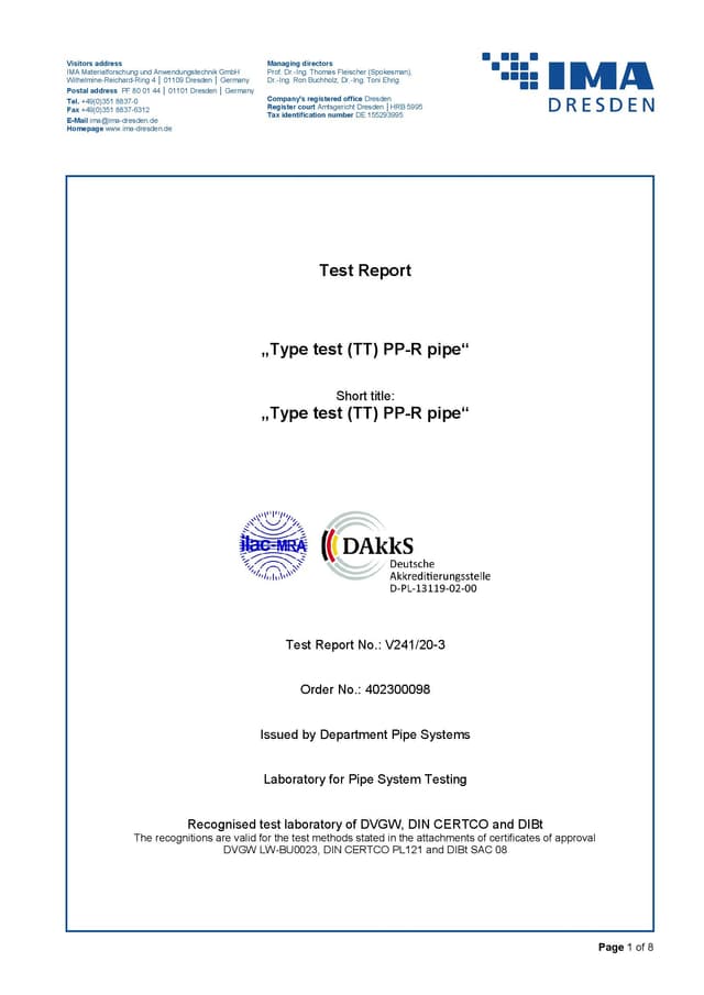 IMA Test Report V241-20-3 PPR PIPE