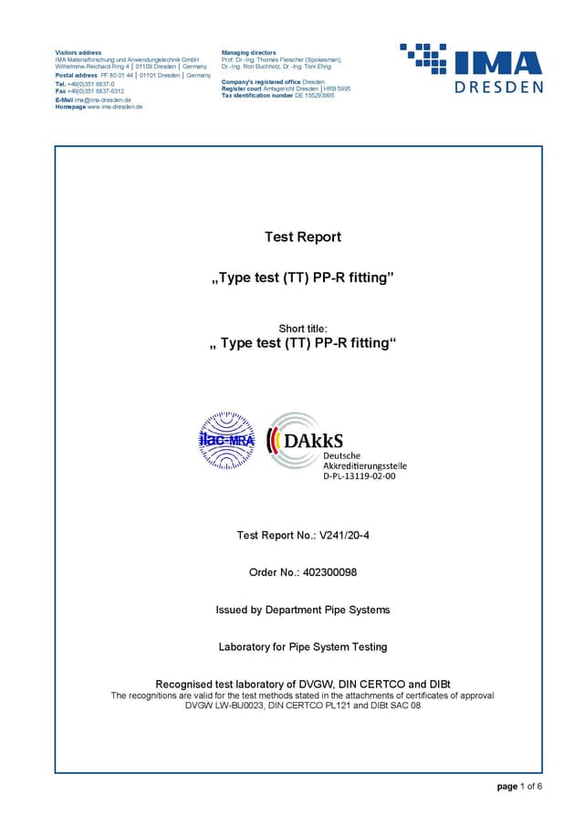 IMA Test Report V241-20-4 PPR FITTINGS