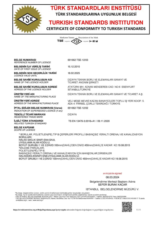 TS EN 13476-3 CORRUGATED PIPE TSE CERTIFICATE